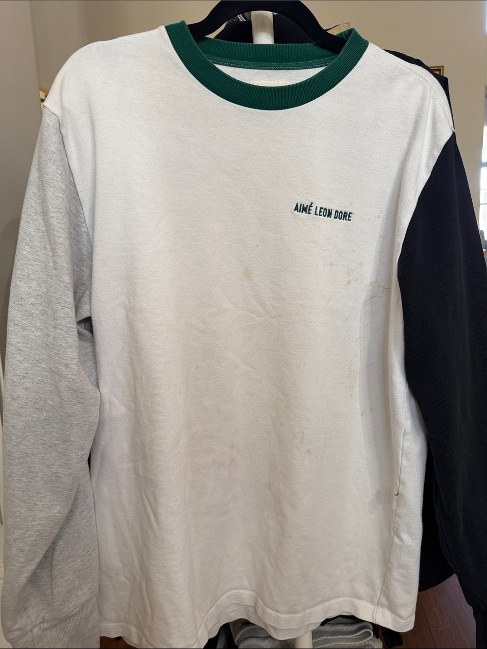 Aime Leon Dore White Long-Sleeve Crewneck with Green Trim and Contrast Sleeves